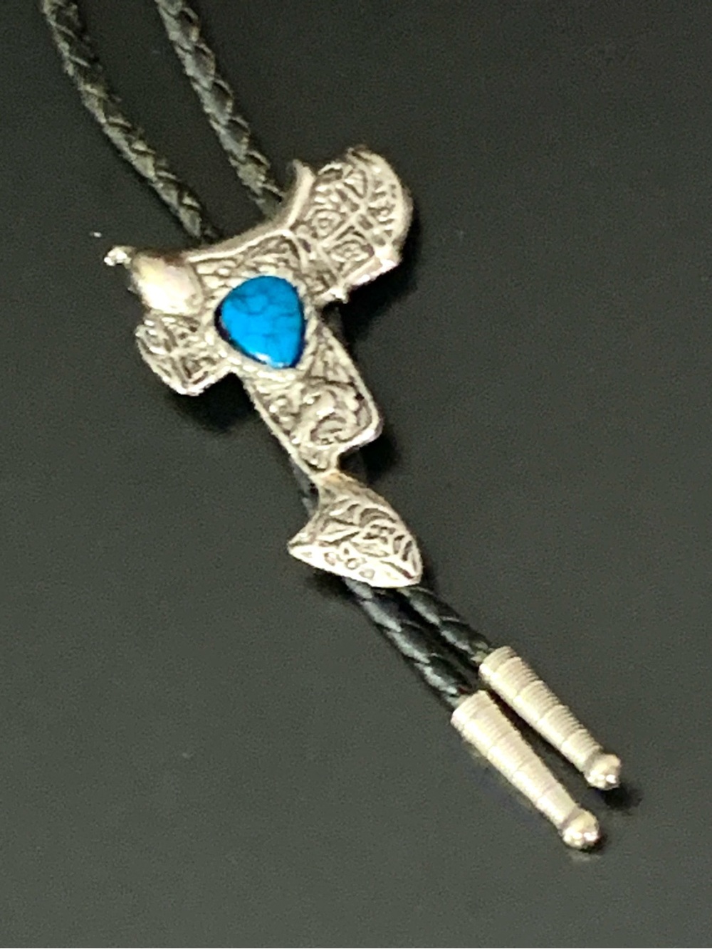 Vintage Silver Tone Fancy Saddle Cowboy Style Bolo Tie Faux Turquoise Western We